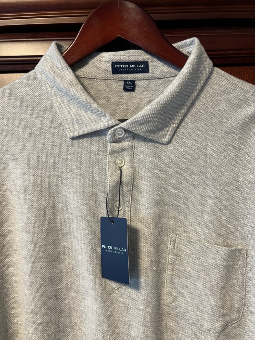 Brand New Peter Millar Crown Crafted Gray Cotton Linen Polo with Chest Pocket!